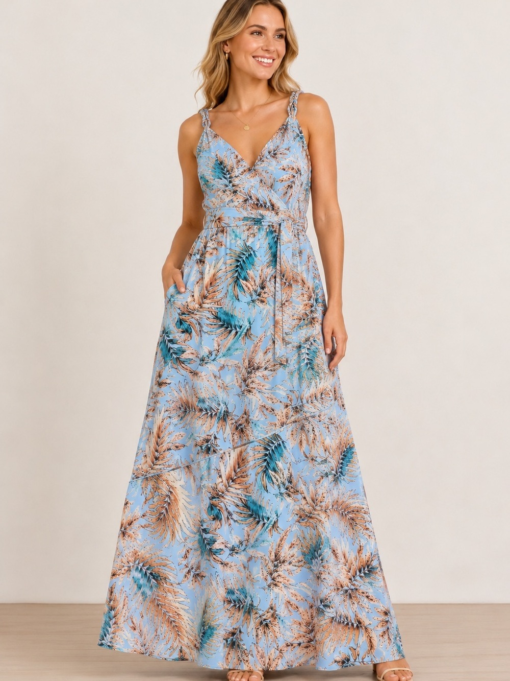 Sam Edelman Blue & Tan Tropical Print Maxi Dress